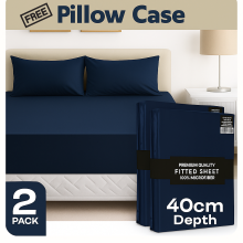 (2X King, Navy Blue) 40cm Extra Deep Fitted Sheet Pack of 2 Bed Sheets with Free Pillowcases - Hotel Quality Microfiber Deep Pocket Sheets