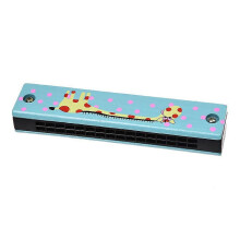 Houten mondharmonica met giraffenpatroon, dubbele serie, 32 gaten, kind, blauw