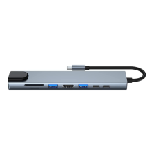 USB C Hub 8 in 1 Adapter USB C Hub HDMI Ethernet 3 x USB 3.0 Card Reader SD/Micro SD Card Power Supplied, Gray