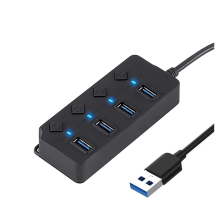 4-Port USB 3.0 Hub with Individual Power Switches and Lights, High-Speed Data Hub Splitter Portable USB Extension Hub, Black