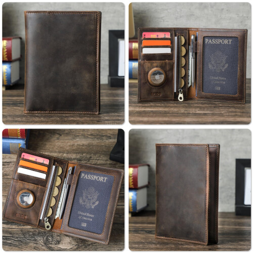 Grain Leather RFID Blocking Passport Holder Wallet, Travel Folio Organizer, Coffee 1