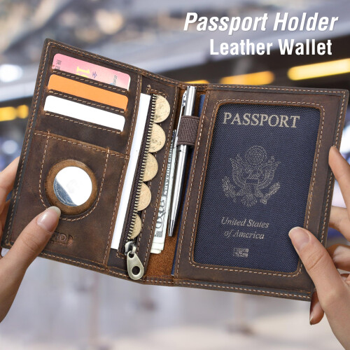 Grain Leather RFID Blocking Passport Holder Wallet, Travel Folio Organizer, Coffee 2