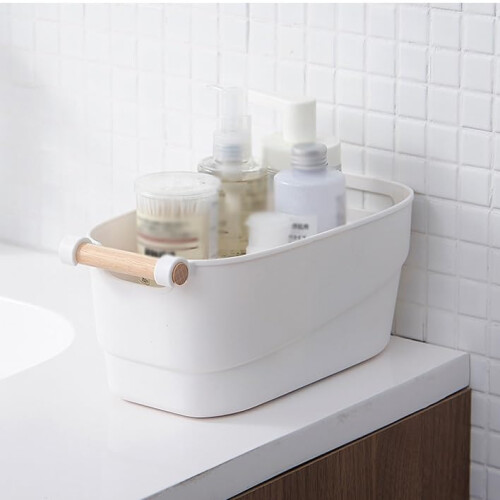 Stackable Storage Baskets with Handles, Rectangular Plastic Bin with Wood Handle for Kitchen Pantry 2