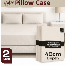 (2X Double, Cream) 40cm Extra Deep Fitted Sheet Pack of 2 Bed Sheets with Free Pillowcases - Hotel Quality Microfiber Deep Pocket Sheets
