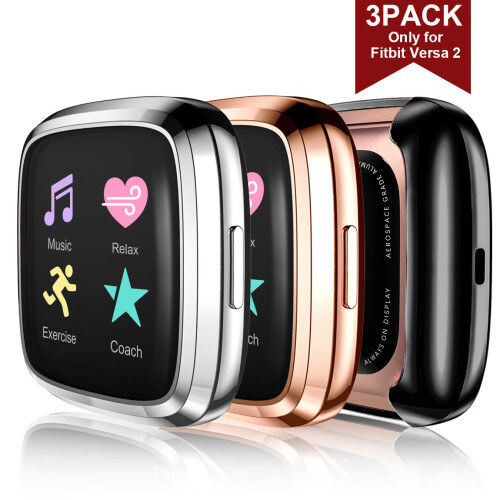 Screen Protector Case for Fitbit Versa 2, UltraThin Full Coverage, 3 Pack Black/Silver/Rose Gold 1
