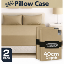 (2X Super King, Beige) 40cm Extra Deep Fitted Sheet Pack of 2 Bed Sheets with Free Pillowcases - Hotel Quality Microfiber Deep Pocket Sheets