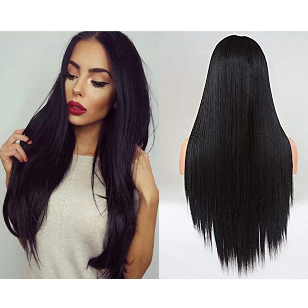 Lace Front Wig 1B Black 22 Inch Long Straight Heat Resistant Synthetic Fiber for Women