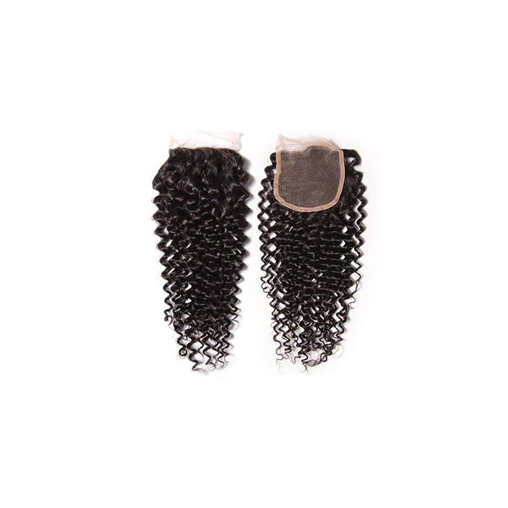 Unisex Black 16 Inch Kinky Curly Lace Closure 4X4 Brazilian Virgin Hair Natural Easy Weft Blending