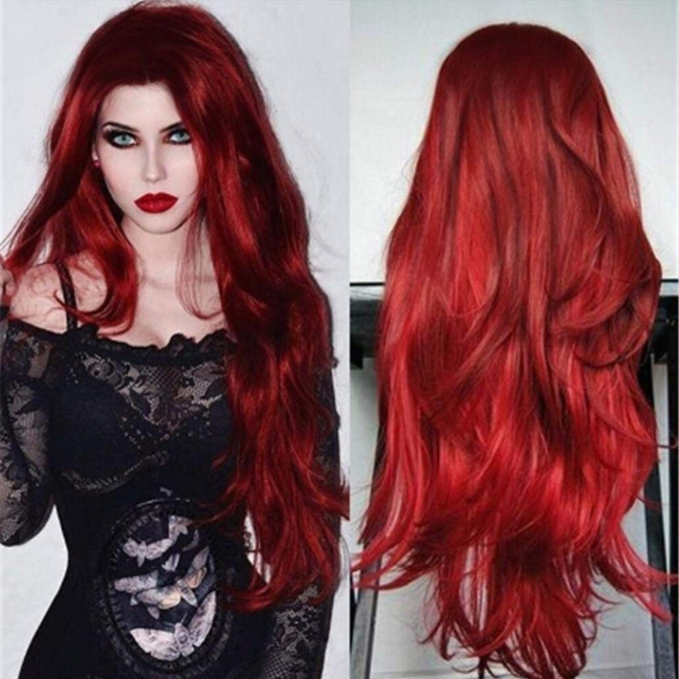 Unisex Red Women's Long Curly Wig Wine 65Cm Central Parting Temp Fiber Adjustable Fit For Cosplay
