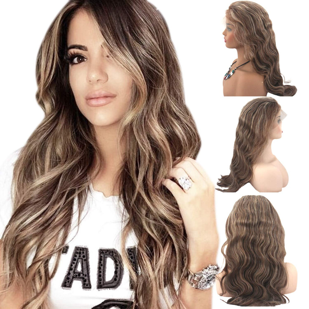 Unisex Human Hair Lace Front Wig Ombre Balayage 13X4 Pre Plucked Glueless Brazilian Wavy 150% Density 14 Inch