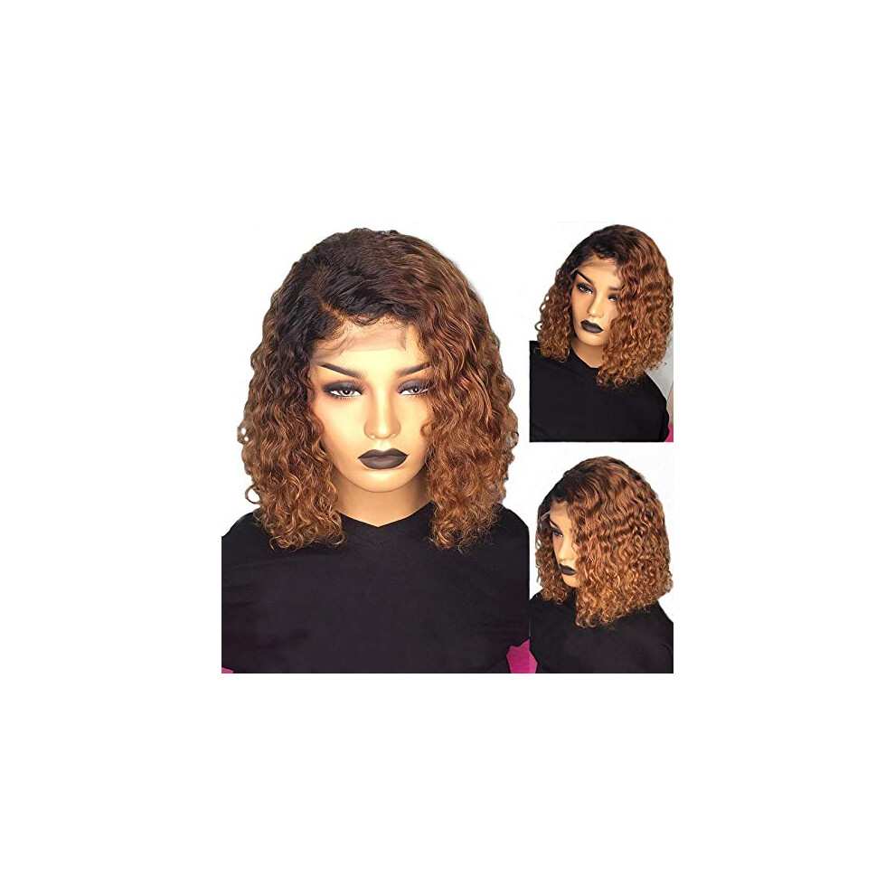 Unisex Brazilian Virgin Human Hair Wig 13X4 Lace Front Curly Bob Two Tone Preplucked 150% Density 12'