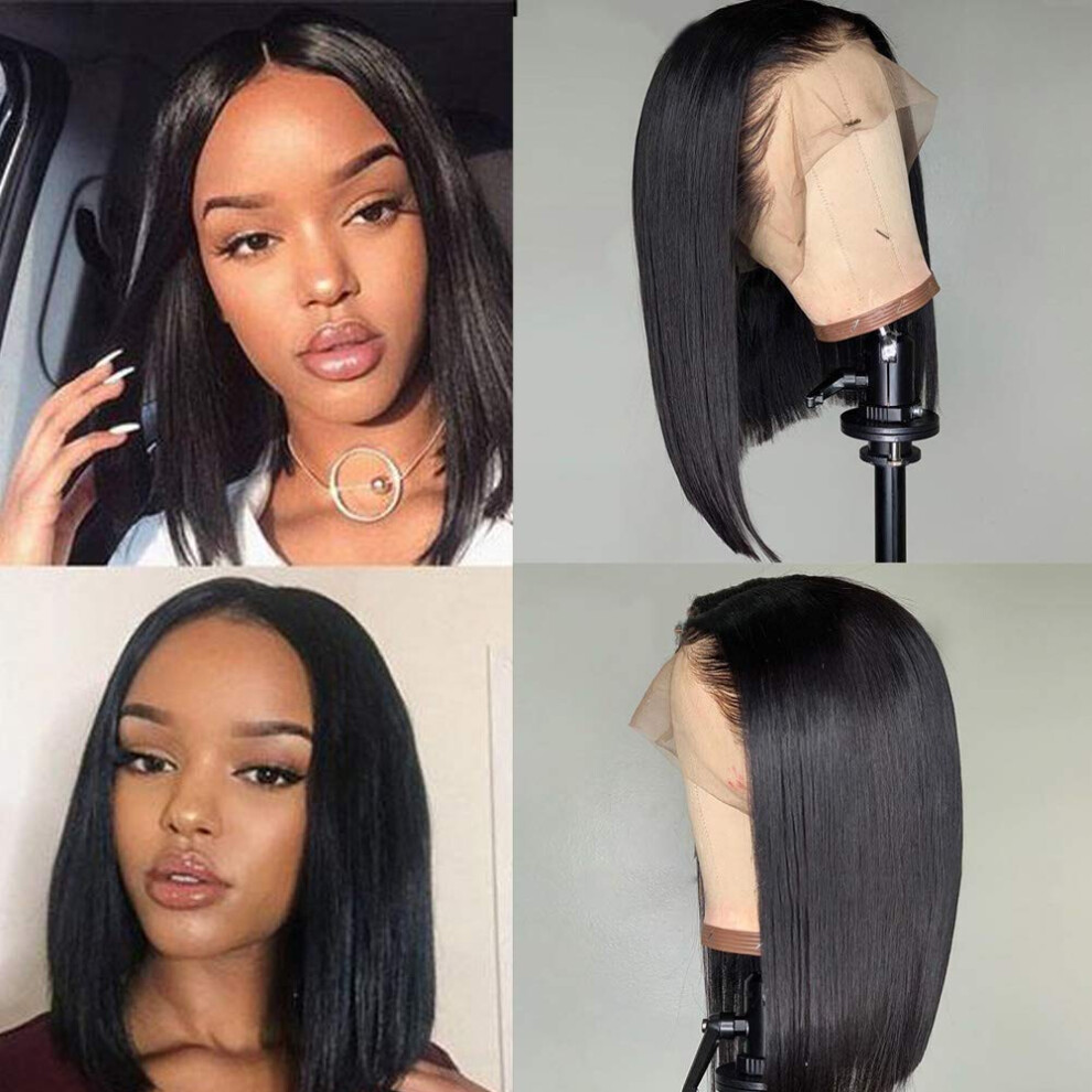 Unisex Black 13X4 Lace Front Human Hair Bob Wig 12 Inch Silky Straight Glueless Preplucked 150 Density
