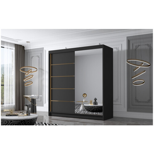 (Black, 180cm) ELUKS - FLAVIO Sliding Doors Wardrobe with Mirror