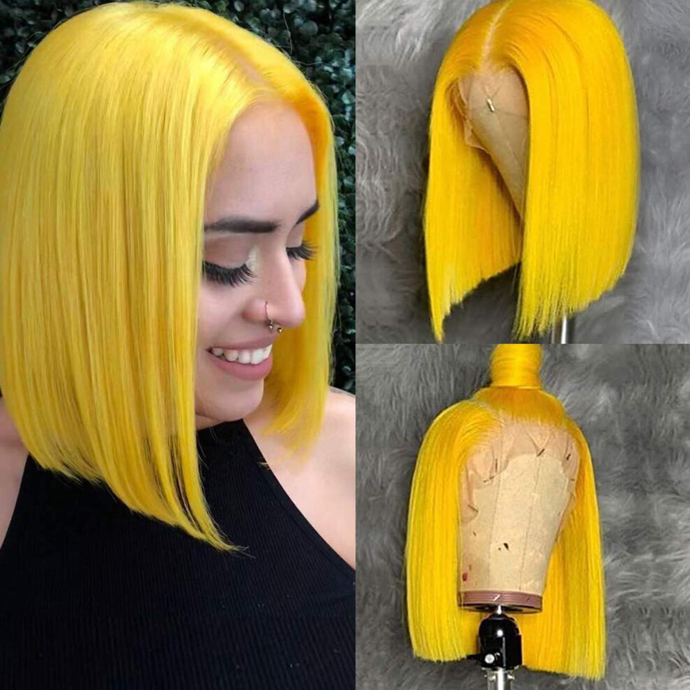 Unisex Blue 14 Inch Lake Human Hair Lace Front Bob Wig Pre Plucked 13X6 Swiss Lace Glueless Design