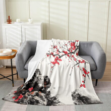 Grey White Fleece Throw Blanket Japanese Ukiyoe Ink Wash Design, 50x60 Lightweight Versatile