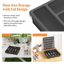 2X Organisateur D'Argenterie avec Couvercle, Plateau à Ustensiles Couvert pour Tiroir et Comptoir de Cuisine, Couverts et Couverts en Plastique Noir