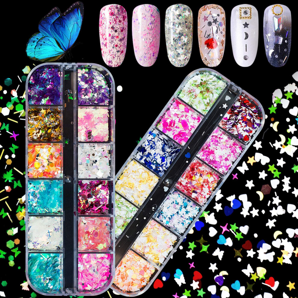 2 Boxes 3D Holographic Nail Art Glitter Sequins, Multicolor Butterfly Star Heart Moon Decorations for UV Gel and Acrylic Nails