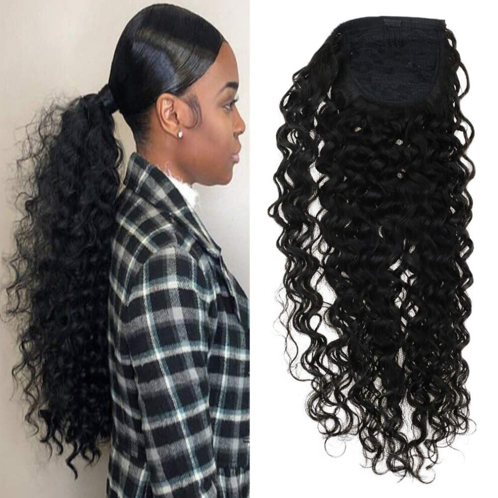 Unisex Black 16 Inch Curly Human Hair Clip In Ponytail Extension Natural Wrap Around Remy 80G