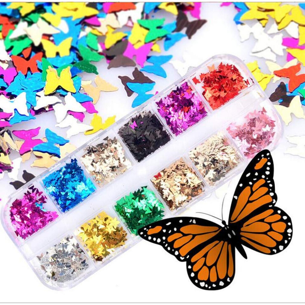 3D Butterfly Nail Art Glitter Sequins Set, 12 Colors Ultrathin Decoration for DIY Crafts