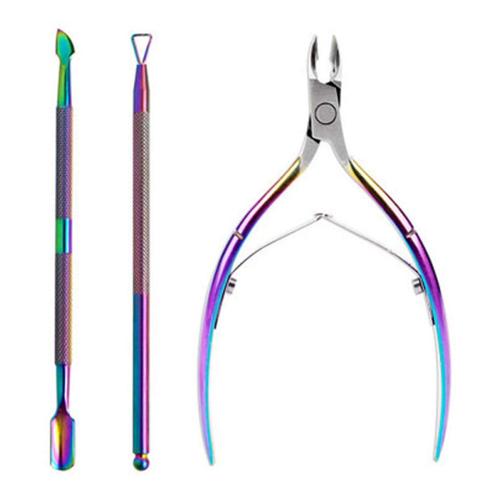 Stainless Steel Cuticle Nipper and Trimmer Set with Pusher, Chameleon Color, Ergonomic Grip