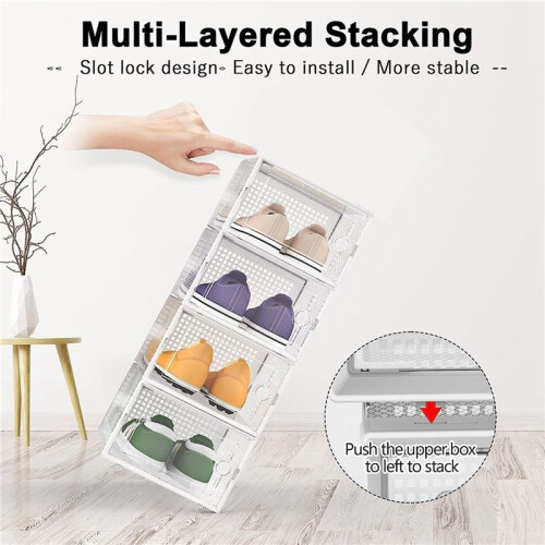 4X Shoe Storage Box, Clear Transparent Shoe Storage Boxes Hard Plastic Stackable Organiser Containers Bins White 2