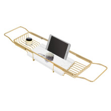 Expandable Stainless Steel Bathtub Caddy with Marble Surface and Tablet Holder, 44 lbs Capacity, Gold White