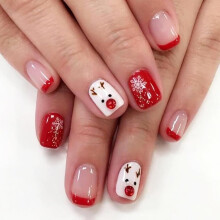 Christmas Fake Nails Red French Tip Short Square Reindeer Snowflake Holiday Nail Art Set with Glue