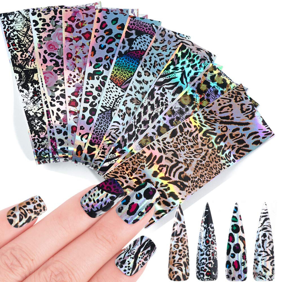 Leopard Nail Foil Transfer Stickers with Reflective Laser Finish for Acrylic and Gel Nails, 10 Sheets