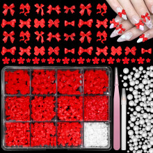 Red Bow Nail Charms Kit with Multiple Bow Styles and Pearl Accents, 3D Nail Charms for DIY Acrylic Nails