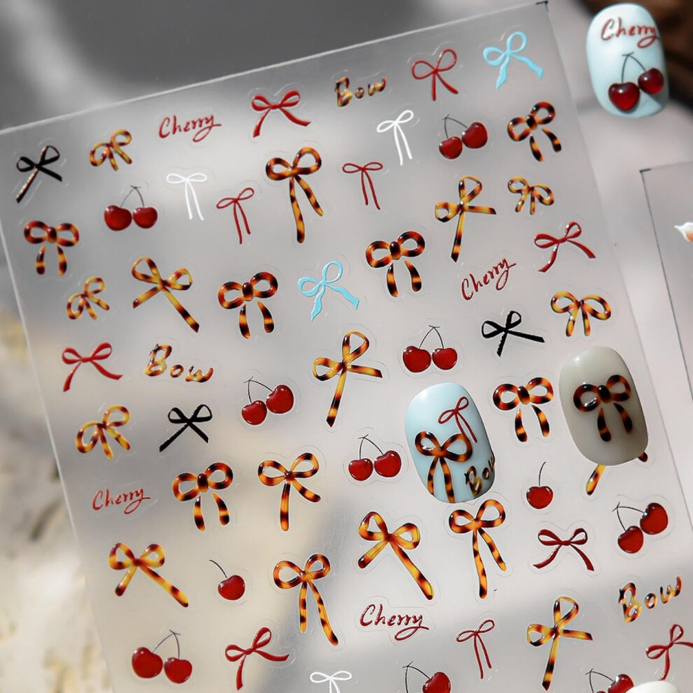5D Embossed Bow Nail Art Stickers with Leopard Print, Self Adhesive Decals for Women Girls Manicure