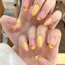 Short Oval Press On Nails Yellow French Tips, Reusable Acrylic Fake Nails with Glue, 30 Pcs