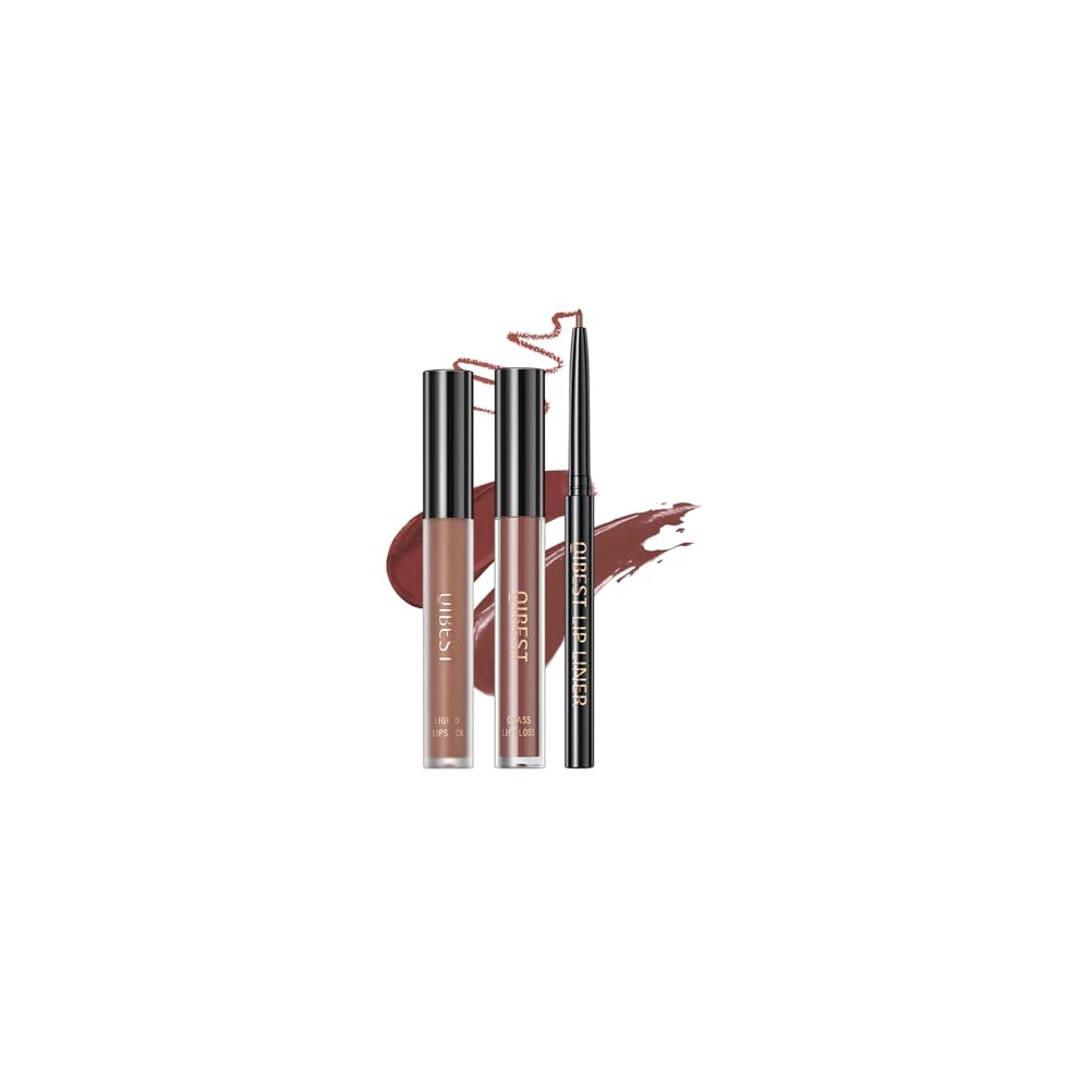 Dark/Brown 3Pcs Waterproof Matte Lip Kit With Liquid Lipstick, Lip Liner And Gloss Trio For Longlasting Pigment Wear