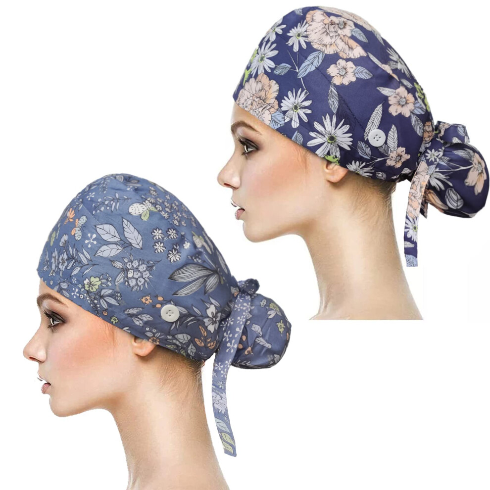 2 Pack Scrub Cap with Buttons and Sweatband, Cotton Ponytail Tieback Medical Surgical Hat for Long Hair