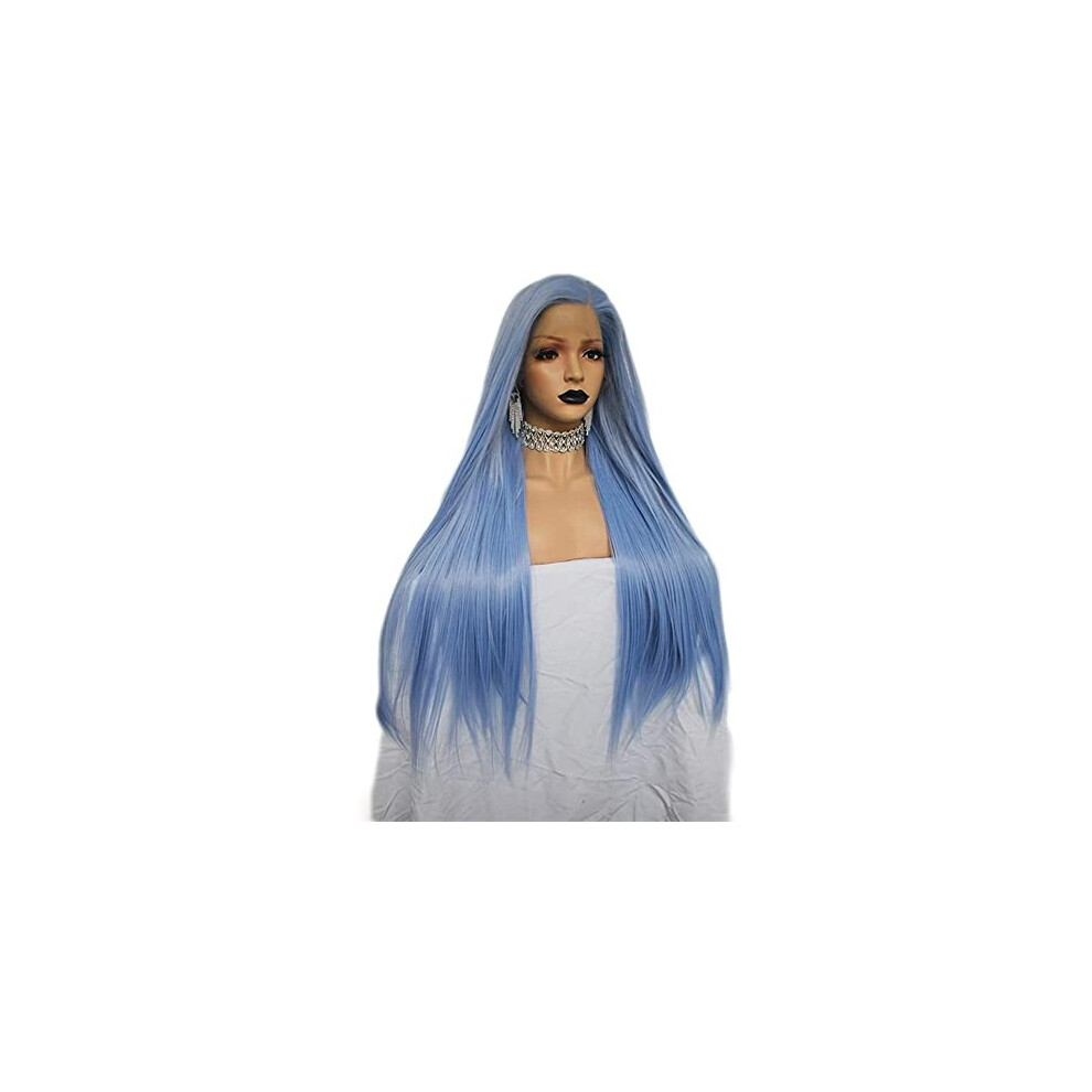 Blue Synthetic Long Wavy Wig with Bangs, Heat Resistant Fiber, Adjustable Strap for Women