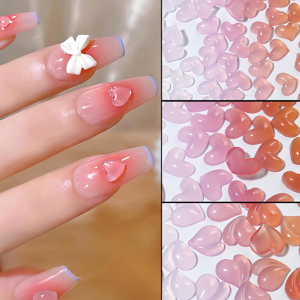 3D Heart Nail Charms Light Color Changing Crystal Peach Hearts Mixed Size Nail Art Decorations 60Pcs