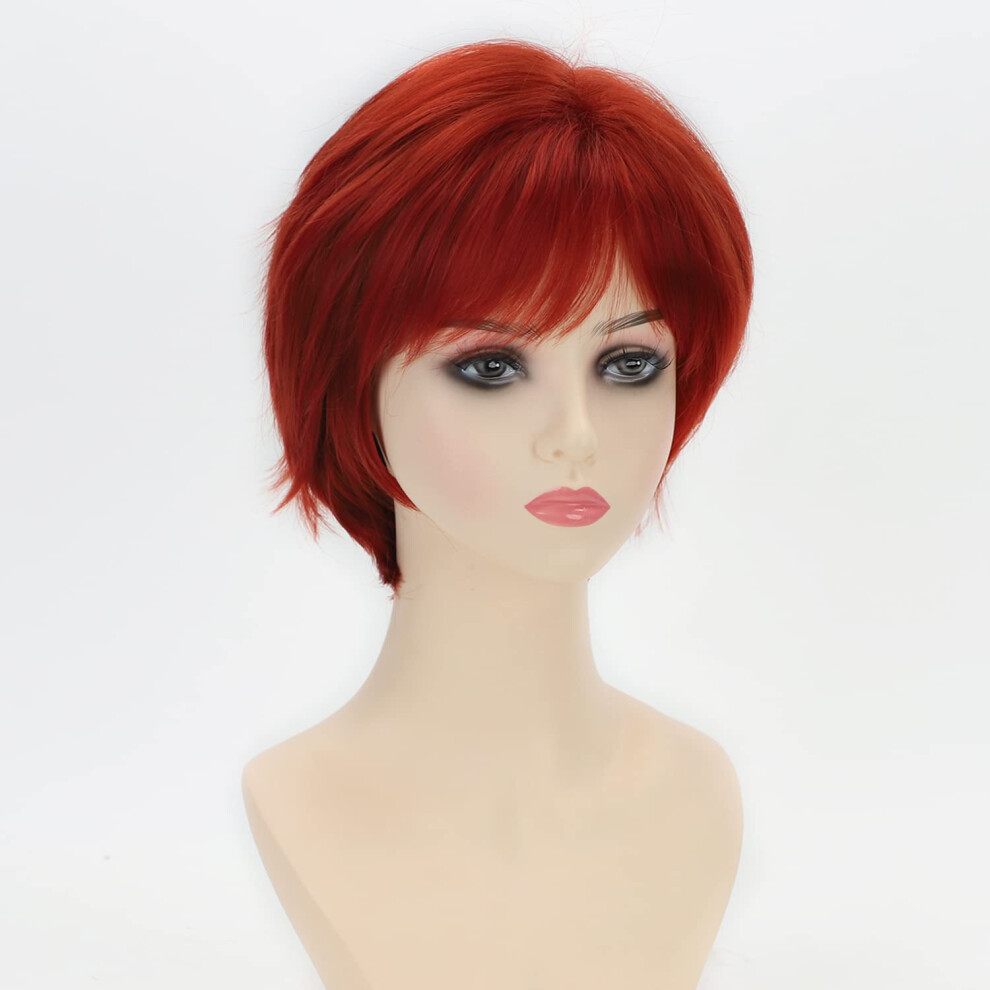 Unisex Red Short Laye Copper Wig With Bangs For Women, Synthetic Natural Look, Daily And Party Wear