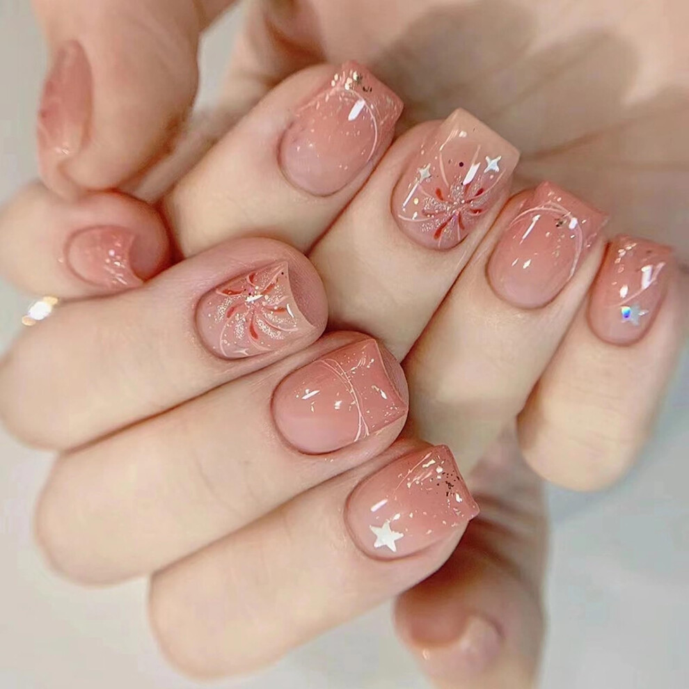 Press on Nails Short Coffin Glitter Fake Nails with Star Design 24pcs LongLasting Easy Glue