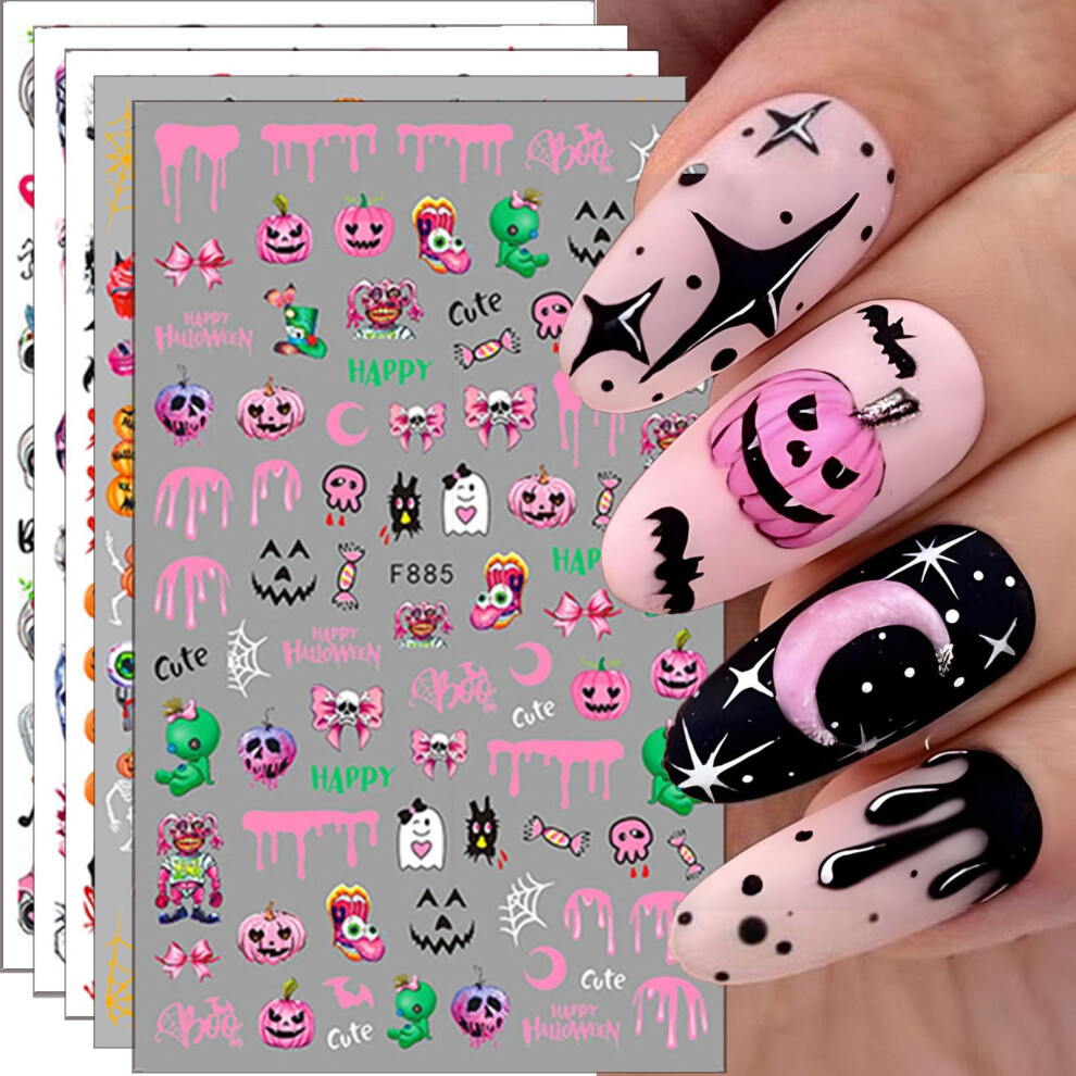 Pink Halloween Nail Stickers Selfadhesive Devil Pumpkin Ghost Skull Art Decals For Diy Manicure