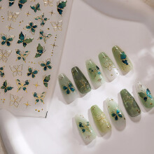 Nail Art Stickers Butterfly Decals Green Star Gold Edge 5D Embossed for Manicure Decoration