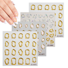 4 Sheets 5D Gold Nail Stickers, Embossed Geometric Self Adhesive Crystal Frame Nail Decals for Women