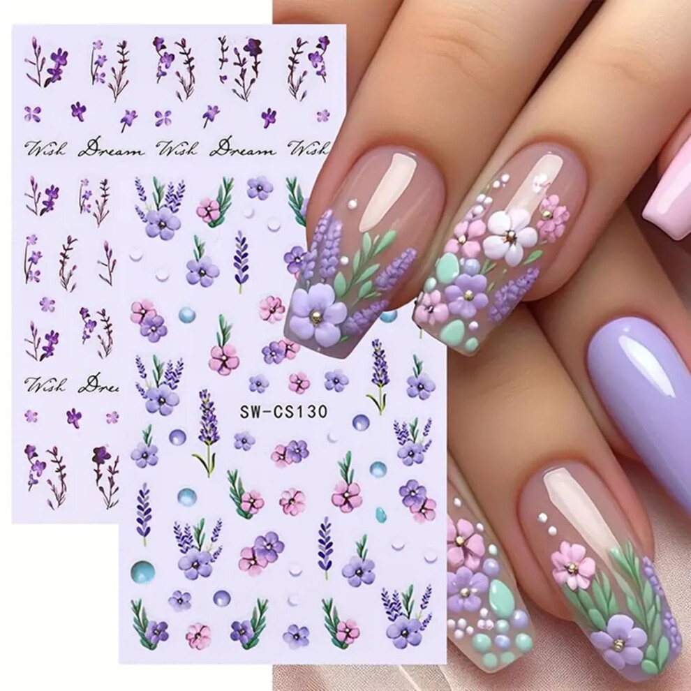 Lavender Nail Art Stickers 3D Butterfly Flower Decals Summer Nail Decorations 6Pcs For Diy Manicure