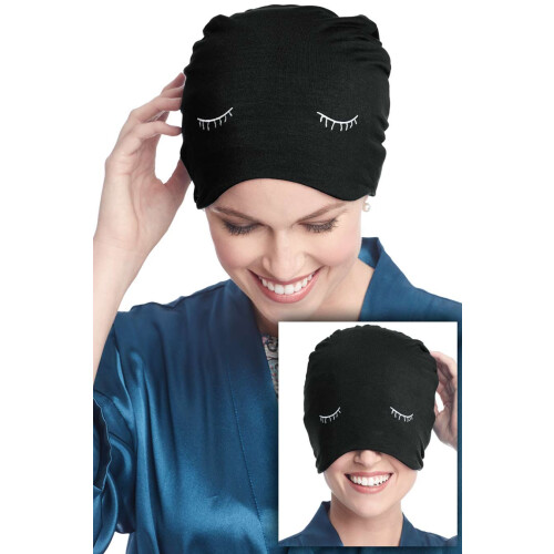 Bamboo Eyelash Sleep Cap and Mask with Eyelash Protection Design, Light Blocking, Black