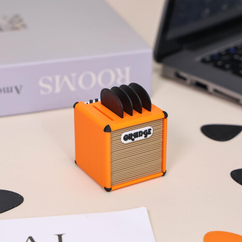 3D Printed Mini Guitar Amp Pick Holder, Bright Orange Organizer for 5 Picks,  Display 2