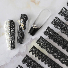 5D Embossed Black Lace Nail Art Stickers, SelfAdhesive Heart Line Decals for DIY Manicure, 6 Sheets