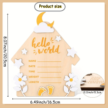 1pc Wooden Baby Birth Record Plaque with House Shape, Yellow Crescent and White Cloud Decoration, "hello world" Art