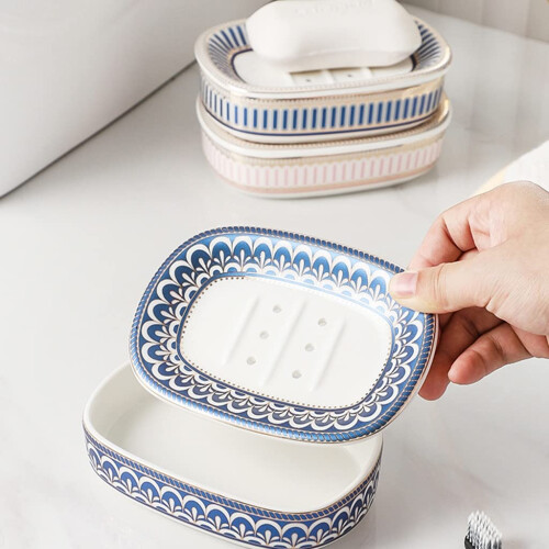 Ceramic Soap Dish Nordic Style Wall Mounted Double Layer Holder with Drain for Bathroom Kitchen 2
