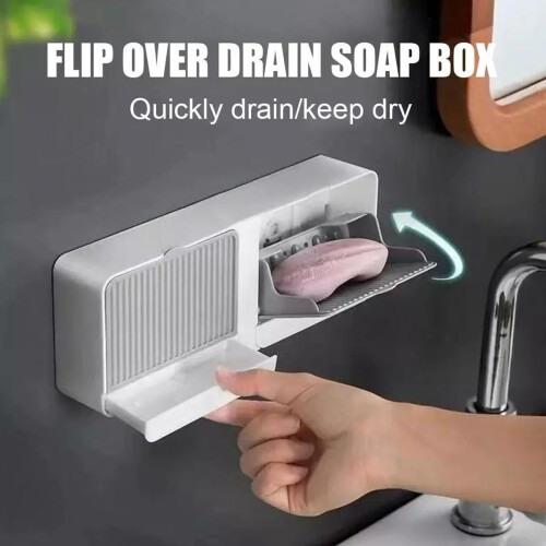 Wall Mounted Soap Holder with Dustproof Self Draining Design and Hooks, No Drill Bathroom Khaki 2