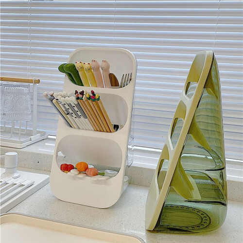 Multi-Functional Three-Layer Draining Storage Box for Kitchen Utensils - Plastic Organizer,Green & Gray 1