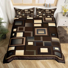 Modern Geometric Duvet Cover Set King with Hidden Zipper, Black Brown Plaid Bedding, 3 Pieces