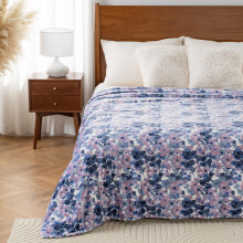 Queen Size Fleece Blanket 90x90 Soft Plush Throw with White Purple Floral Design for AllSeason Warmth